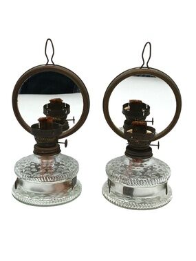 Pair Vintage Kerosene Oil Wall Lamps Mirror Reflector Clear Pressed Glass